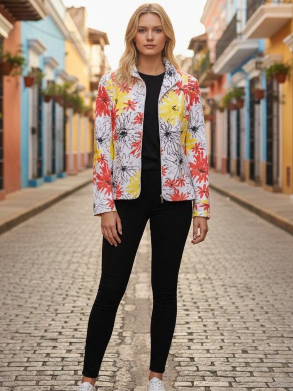 Requirements Long Sleeve White Orange & Yellow Floral Summer Jacket